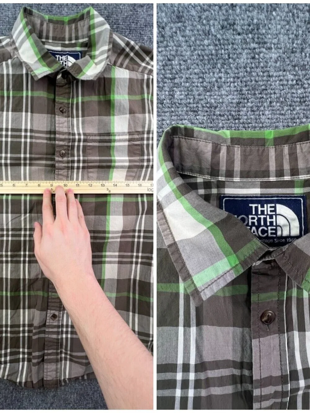 The North Face Button Up Shirt Men’s Small Gray Green Plaid Casual Short Sleeve